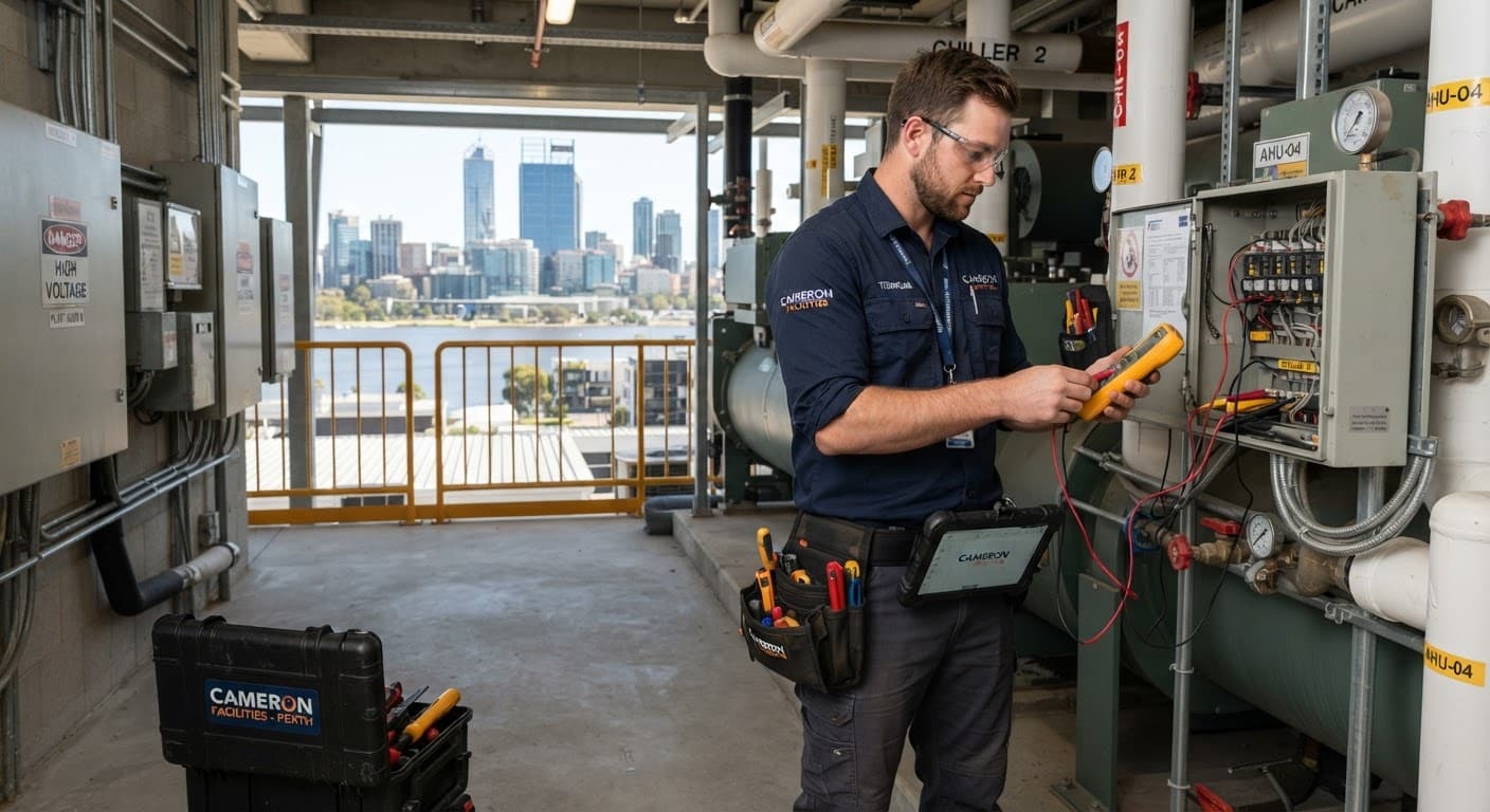 Cameron Facilities technician testing a chiller plant switchboard on a Perth commercial building